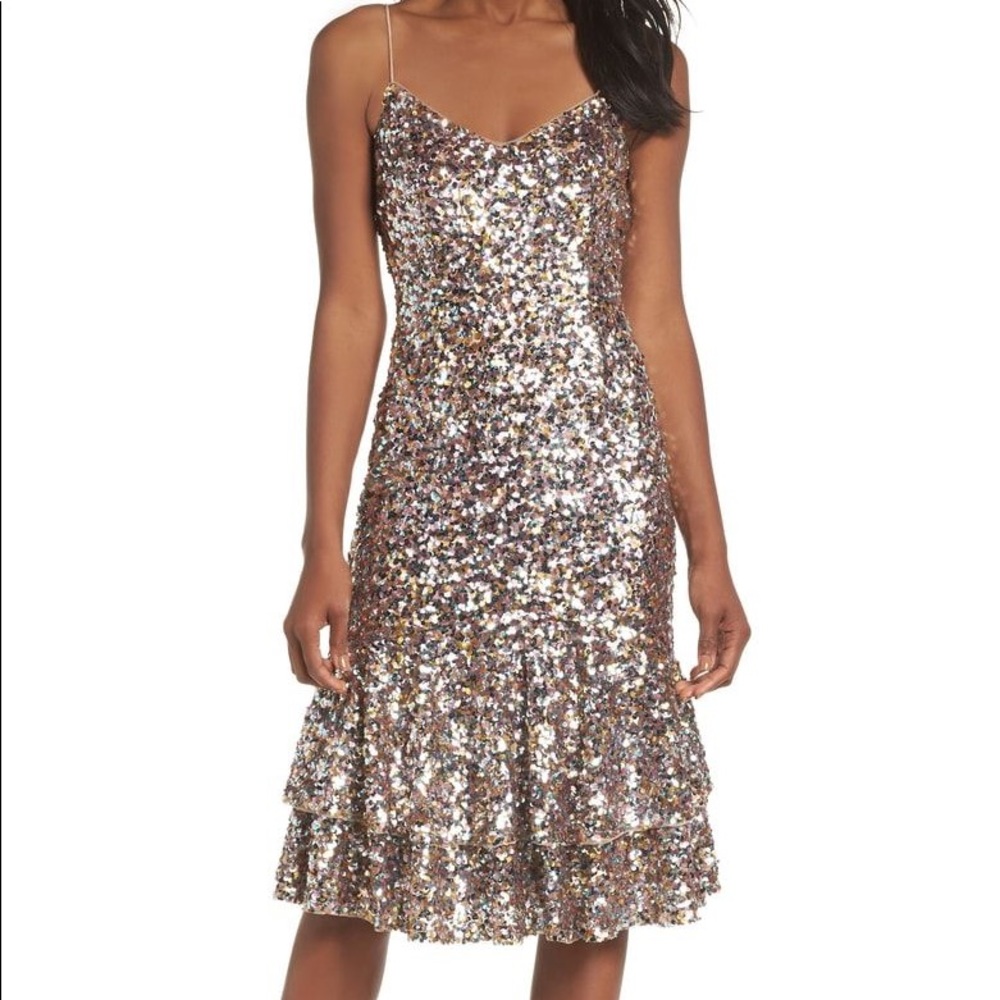 Adrianna Papell Ruffle Sequin Midi Cocktail Dress